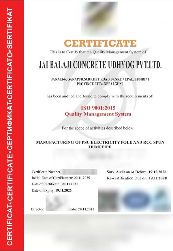ISO 9001:2015 certificate of Jai Balaji Concrete Udhyog Pvt. Ltd., Nepalgunj, Nepal, for manufacturing PSC electricity poles and RCC spun hume pipes